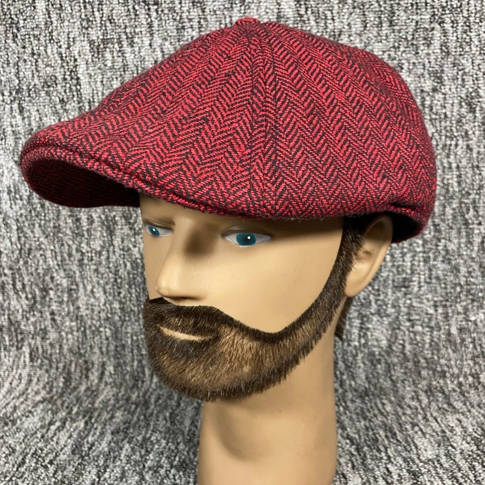 Boston Scally Co Cap Mens M/L Red Holiday Herringbone Tweed Flat Cap Newsboy Hat